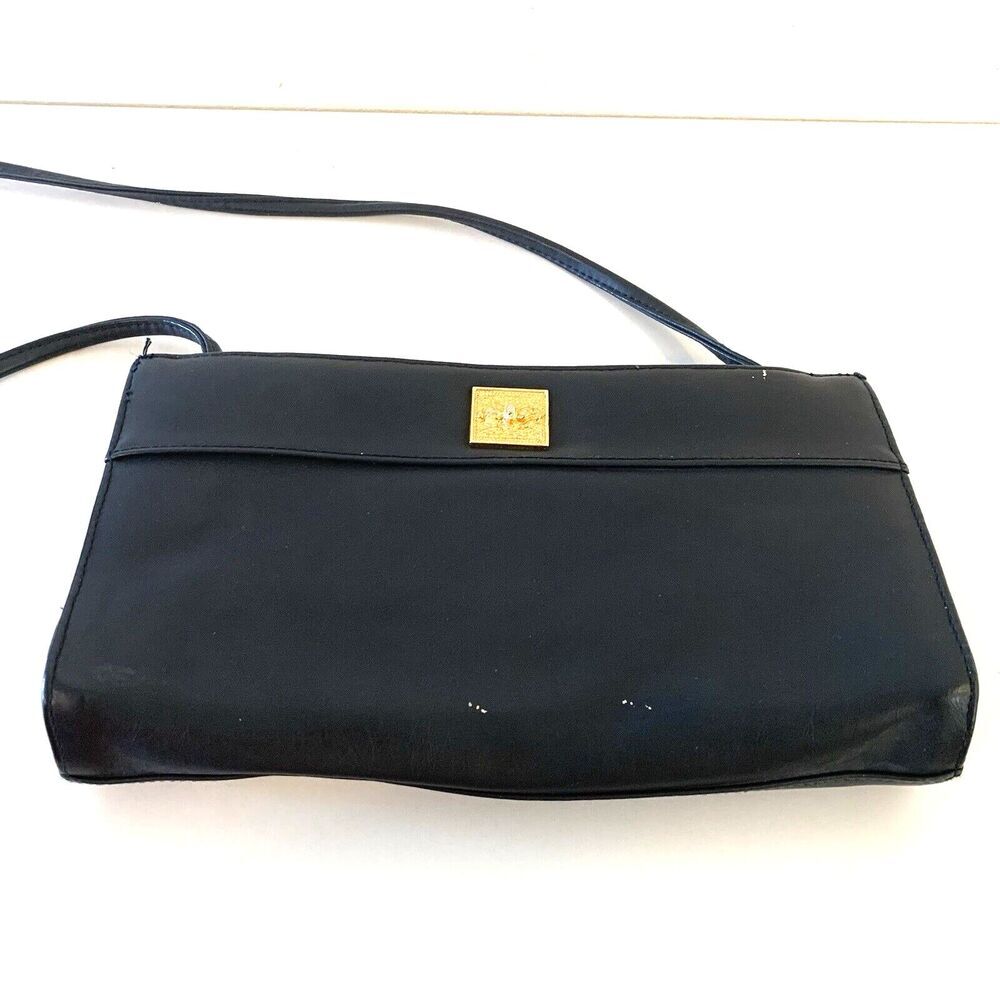 VTG Buena Vista Leather Crossbody Bag Gold Hardware Divided Interior Navy Blue